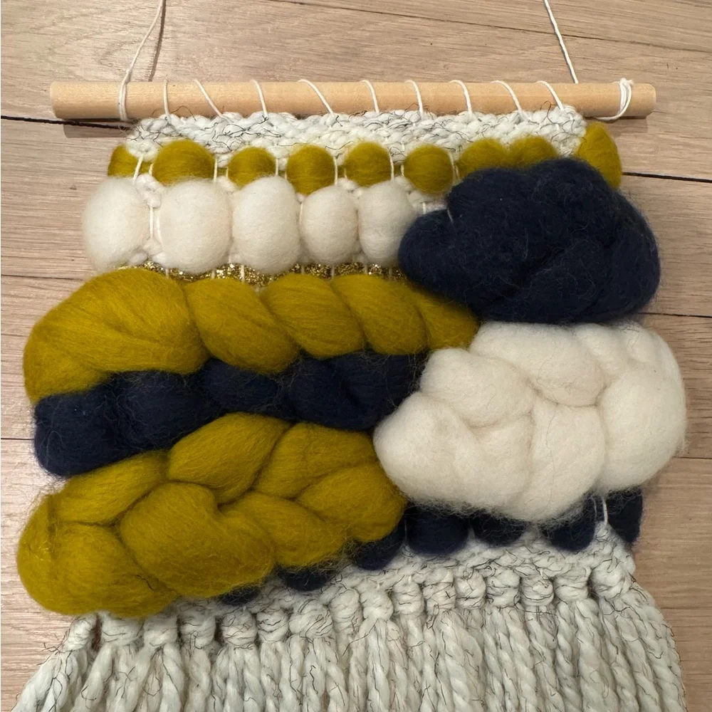 Handwoven Wool Wall Hanging in White, Mustard & Navy - Home Accents